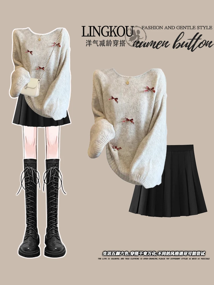 Plus size Autumn and Winter New Year Temperament Gentle Knit Sweater Korean Series Slimming High Waist Pleated Skirt Set Wome...