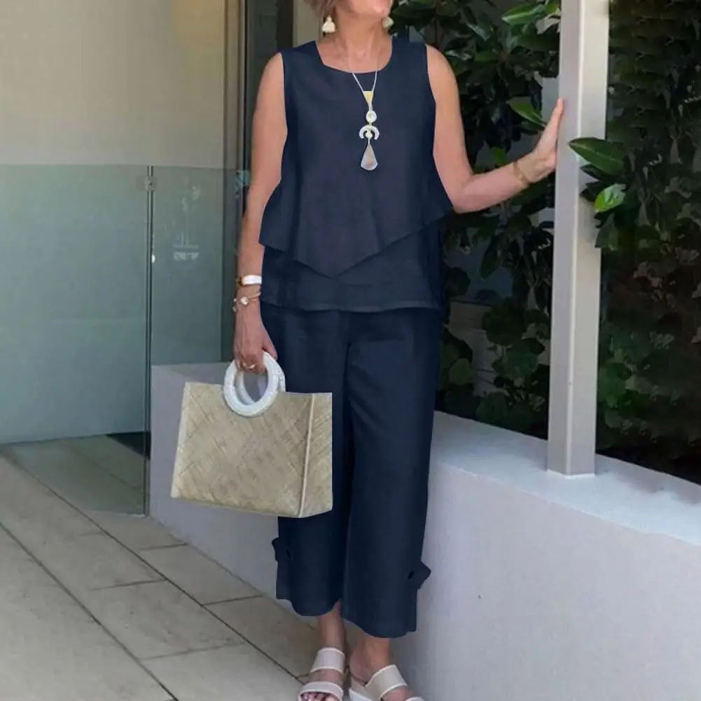 

2 Pcs/Set Women Tops Pants Set Comfortable Blouse Pants Suit Retro Wide Leg Blouse Pants Suit