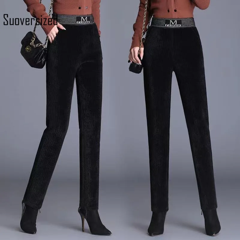 

Suoversized Streetwear Elegant Striped Edge Straight Leg Pants Ladies Mom Pleuche Casual Capris Pant Loose High Waist Trousers