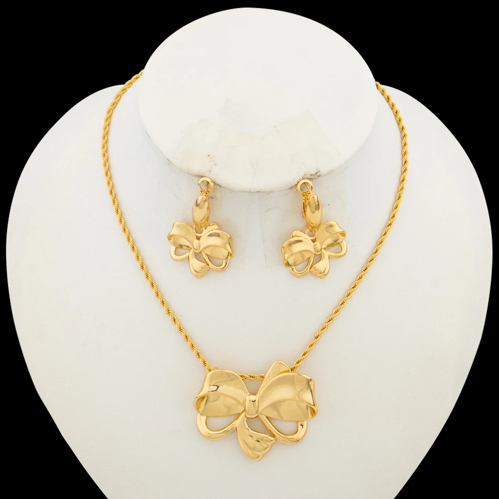 

Lovely Bowknot Jewelry Set for Women Gold Color Pendant Necklace and Hook Earrings 2Pcs Set for Weddings Party Jewellery Gifts