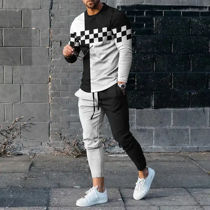 Men's Long Sleeve T-shirts and Pants Two Piece Black White Geometry 3D Printed Men's Sets Casual Suit nike tech fleece