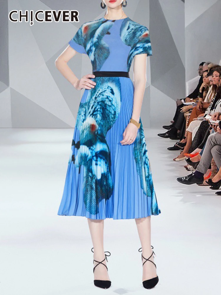 

Женский комплект из двух предметов с принтом CHICEVER, облегающий топ с круглым вырезом и коротким рукавом, плиссированный миди юбка лето с высокой талией, 2023