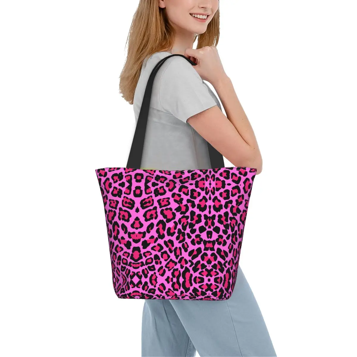 

Милая сумка-шоппер с леопардовым принтом, стильная сумка через плечо с розовым принтом, Женская многоразовая сумка-тоут, женские сумки из полиэстера для школы