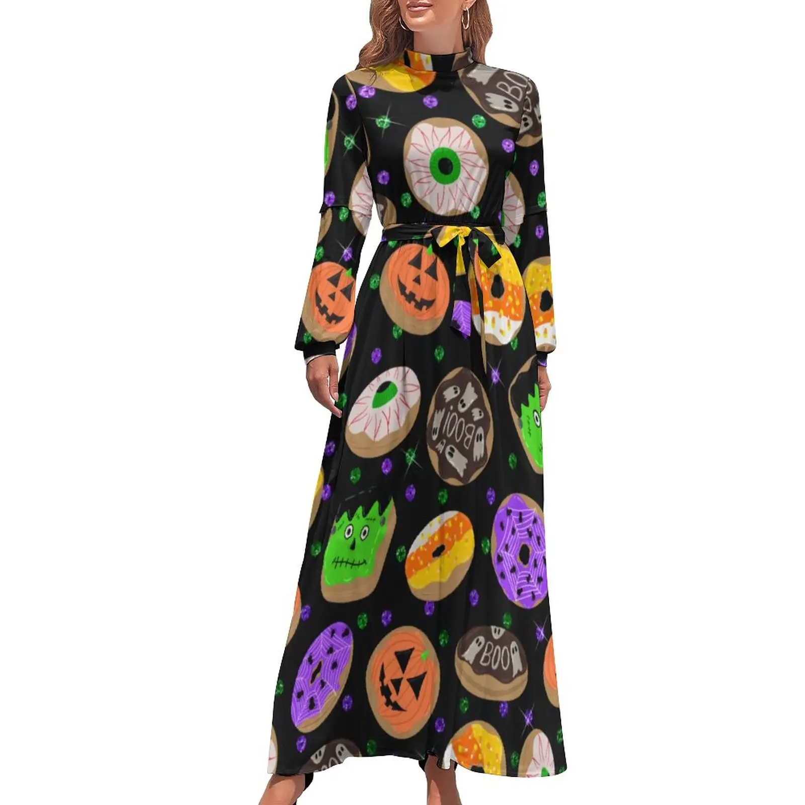 

Doughnut Halloween Dress High Waist Cool Cute Glitter Confetti Print Beach Dresses Long Sleeve Street Fashion Long Maxi Dress