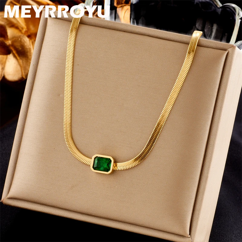 

MEYRROYU 316L Stainless Steel Vintage Green Stone Crystal Snake Chain Collar Necklace бежутерия женская колье Party Gift