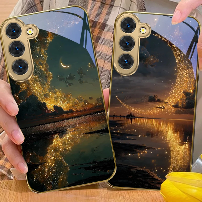 Фото Чехол для телефона Samsung Galaxy S26 S20 FE S21Plus S22 23 Plus S24 Ultra S25 S21+ S9+ 22Plus из золотого стекла с дизайном «Море и небо на закате» №2