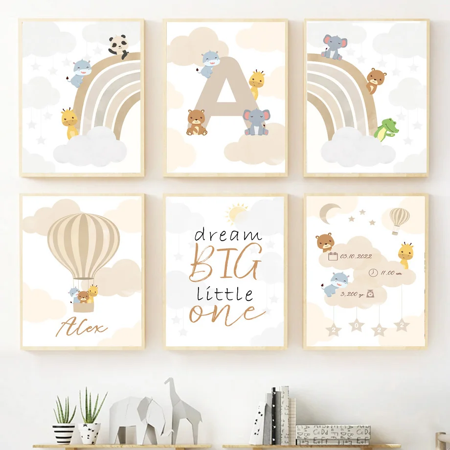 

Custom Name Wall Art Rainbow Prints Elephant Giraffe Canvas Painting Nursery Nordic Posters Wall Pictures Kids Room Indoor Decor