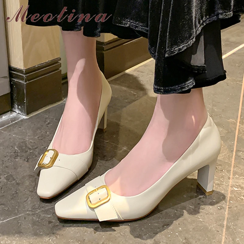

Meotina Women Genuine Leather Square Toe Thick High Heels Buckle Pumps Ladies Fashion Shallow Shoes Spring Summer Apricot 40