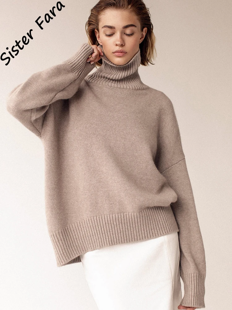 

Sister Fara Winter Turtleneck Loose Knit Sweater Women Long Sleeve Casual Pullover Sweater Female Autumn Knitted Sweaters Tops