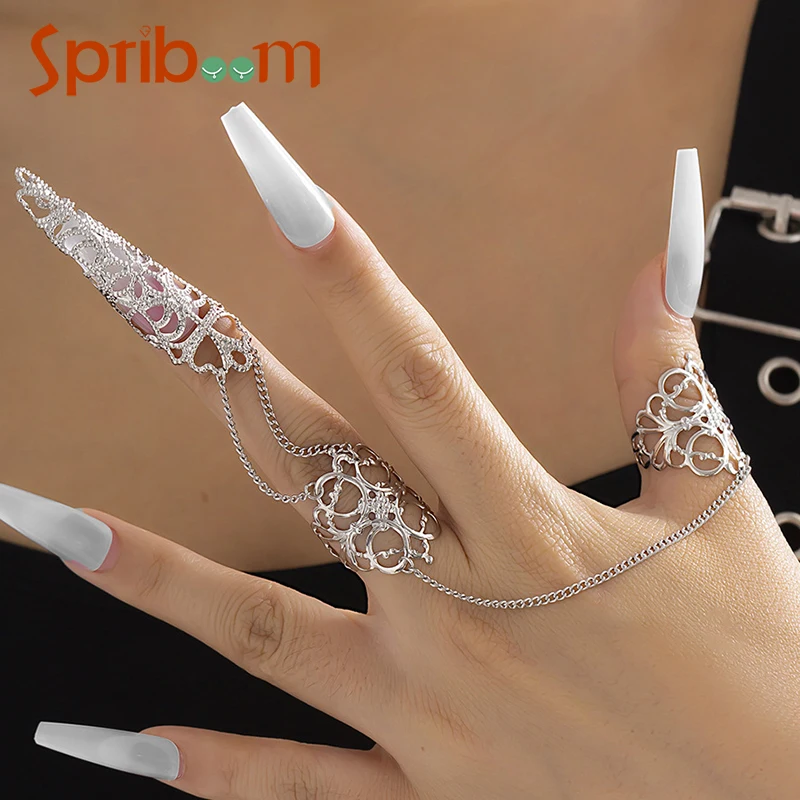 

Hollow Nail Cover Rings for Women Fashion Punk Two Finger Chain Ring Gothic Jewelry Female Party Personality Accessories Gifts