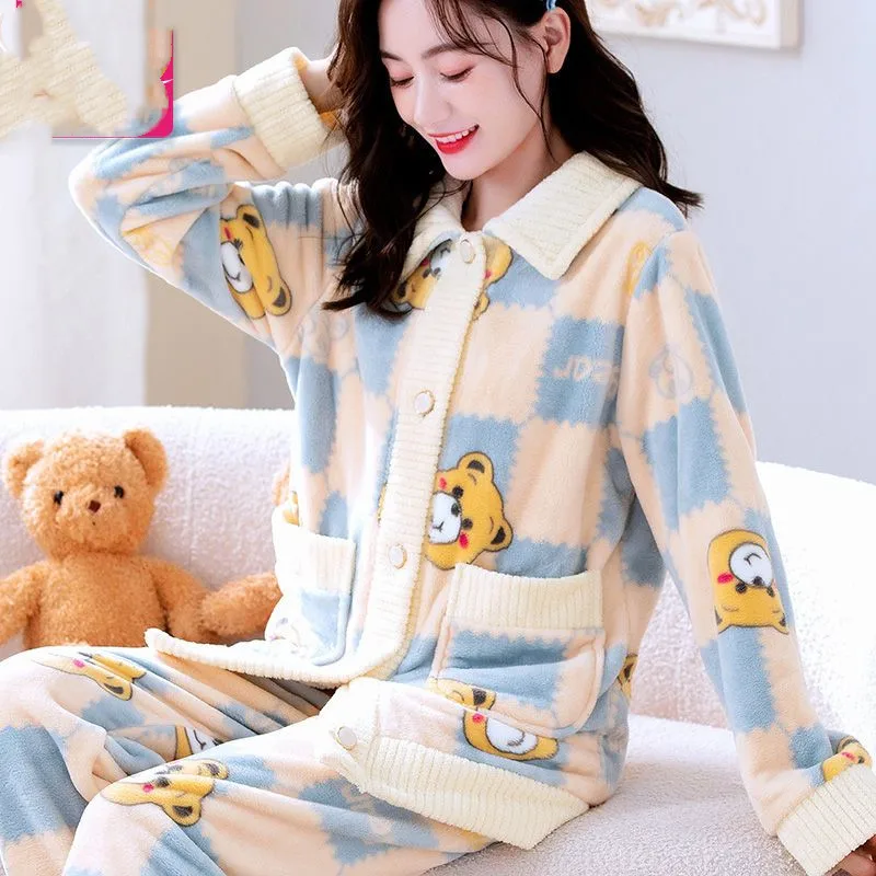 Winter Pajamas Set Sexy Plaid Sleepwear For Women Soft Warm Flower Thick Pyjama Women's Winter Fashion Casual Flannel Homewear