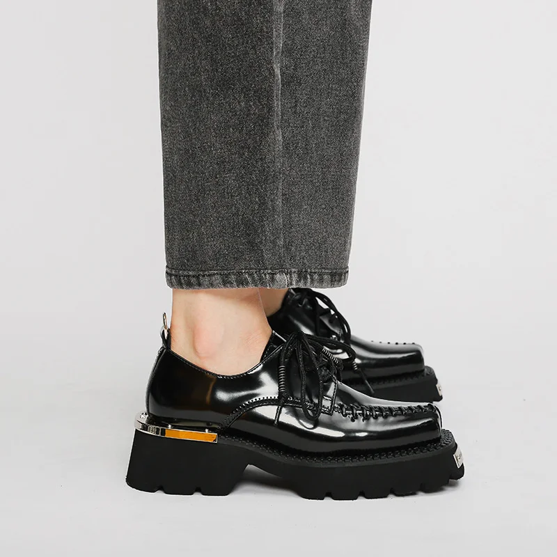

platform Women's Shoes 2023 Spring New Chunky Mules British Style Lazy Shoes Fashion Metal Casual Dress Square Toe Oxford Shoes