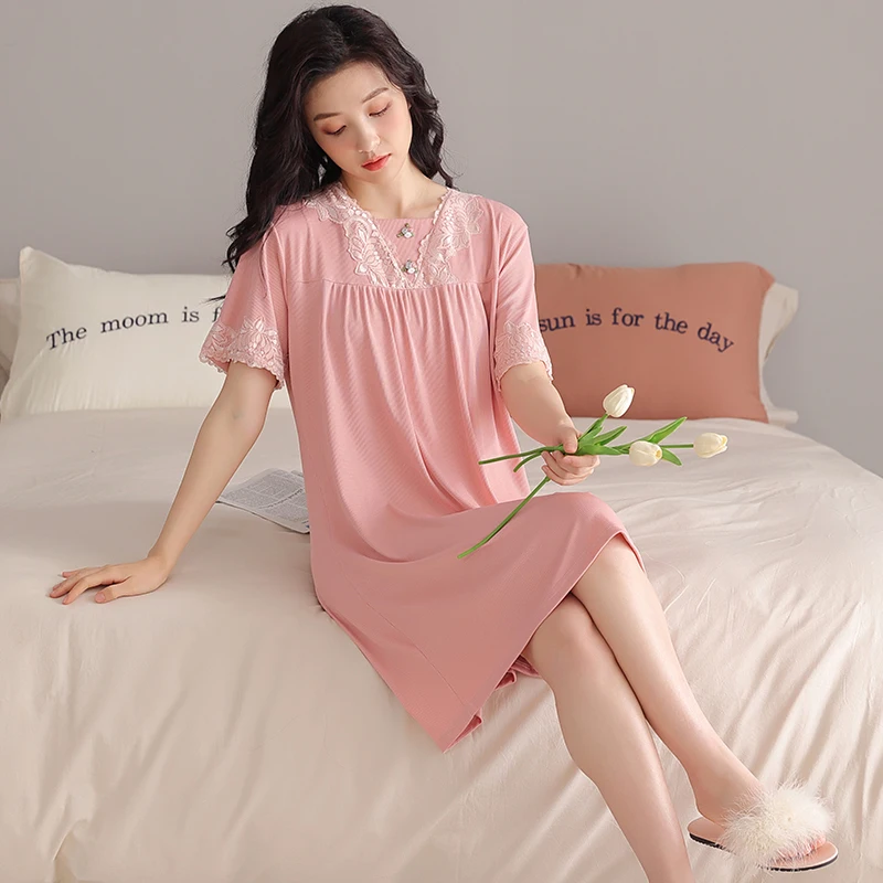 

Modal Home Dress Big Yards M-4XL Women Square Neck Nightgown Lace Sleep Dress Short Sleeve Sleepshirt Night Shirt Sexy Nightwear