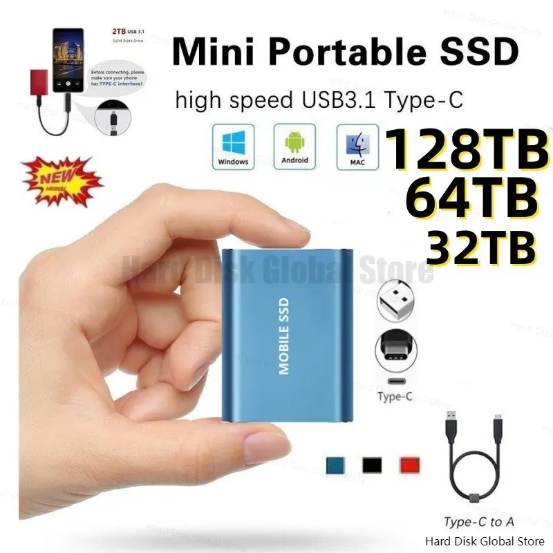 

Portable 8TB/16TB/32TB/128TB mobile hard disk C-type SSD shockproof aluminum alloy solid state disk USB 3.0 transmission speed