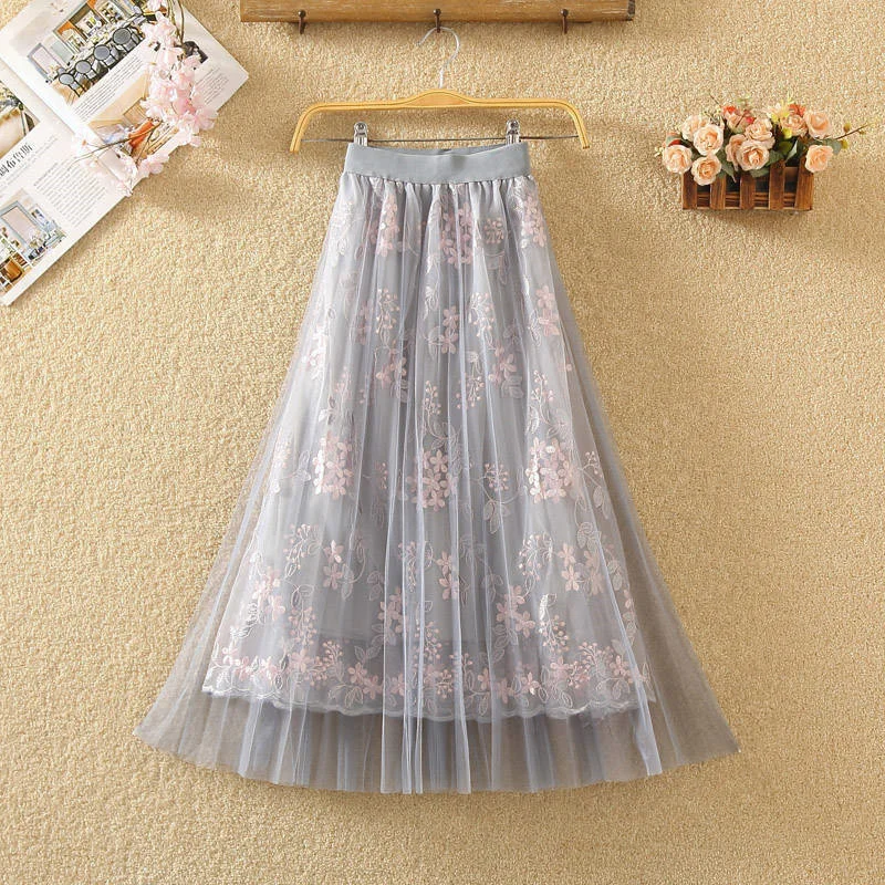 

Женская длинная фатиновая юбка, элегантная плиссированная серая сетчатая юбка макси с высокой талией и эластичным поясом на лето