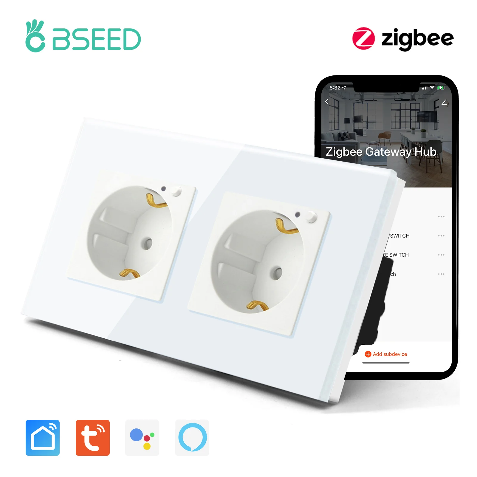 Bseed Zigbee Tomada de Parede Padrão da ue Soquetes Duplos Branco Preto Painel Vidro Cristal Suporte Tuya Vida Inteligente App Google Alexa 16a Soquetes elétricos