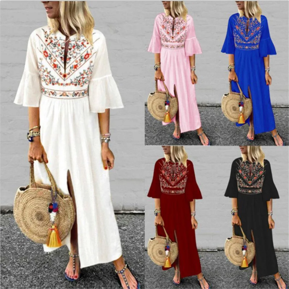 

Женское винтажное платье-трапеция с цветочным принтом, V-образным вырезом и разрезом