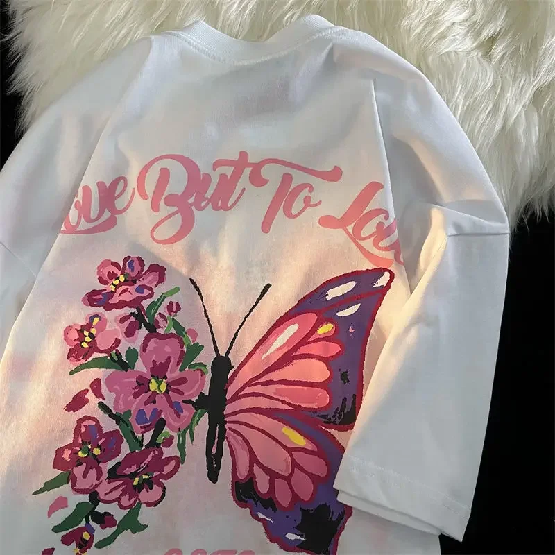 

American retro butterfly flower short sleeved T-shirt men and women couple letter design sense niche lazy wind half sleeved tops
