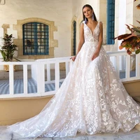 sexy v neck appliques lace backless wedding dress for bride with tassel sleeveless a line tulle sweep train bridal gown
