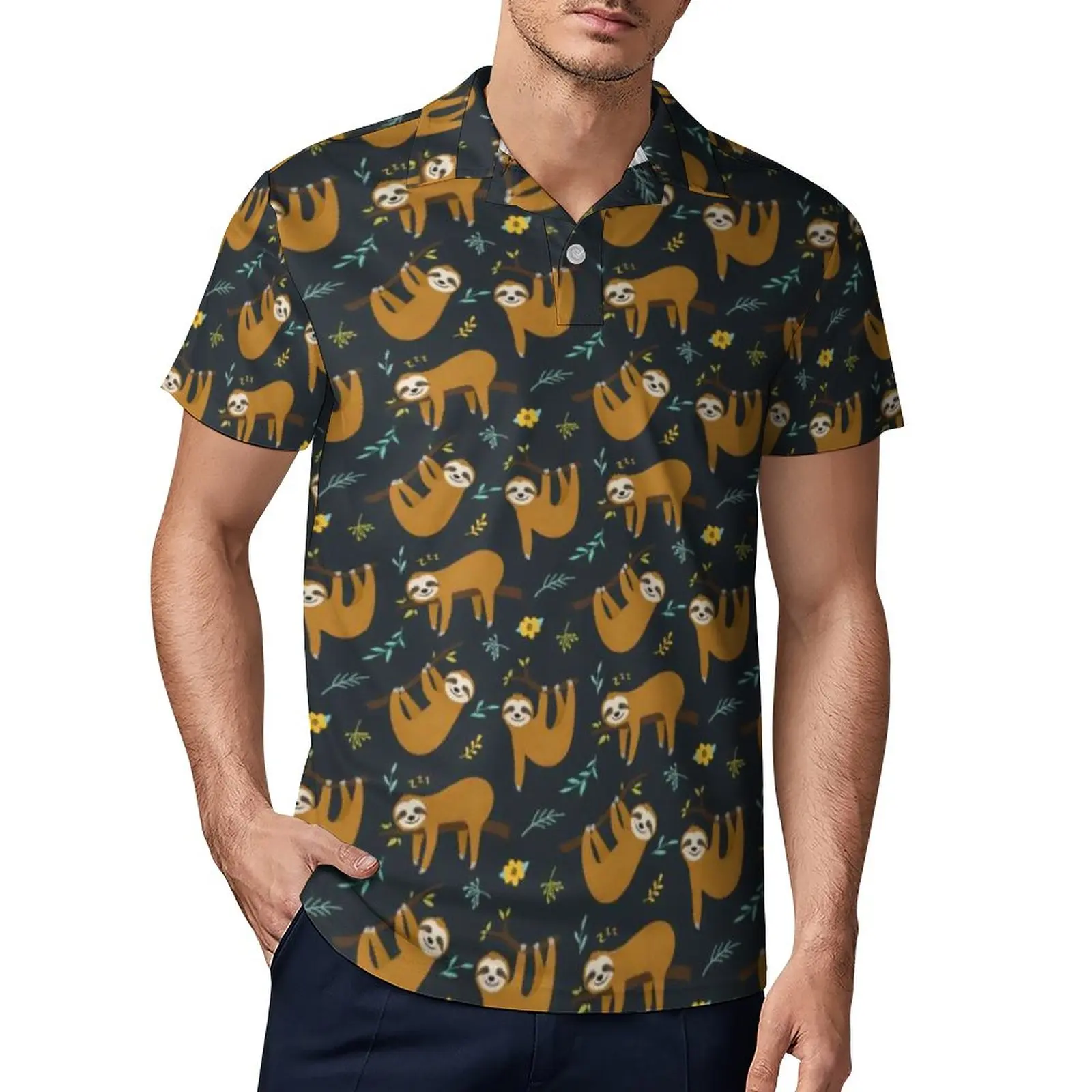 

Adorable Sloths Pattern Polo Shirts Funny Jungle Casual Shirt Summer Retro T-Shirts Short-Sleeved Turn Down Collar Oversize Top