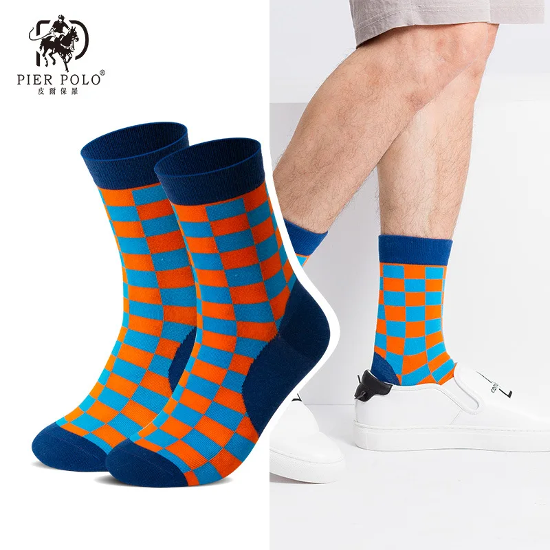 Men's latest design pure cotton medium tube socks high-quality business geometric lattice color men's breathable cotton socks