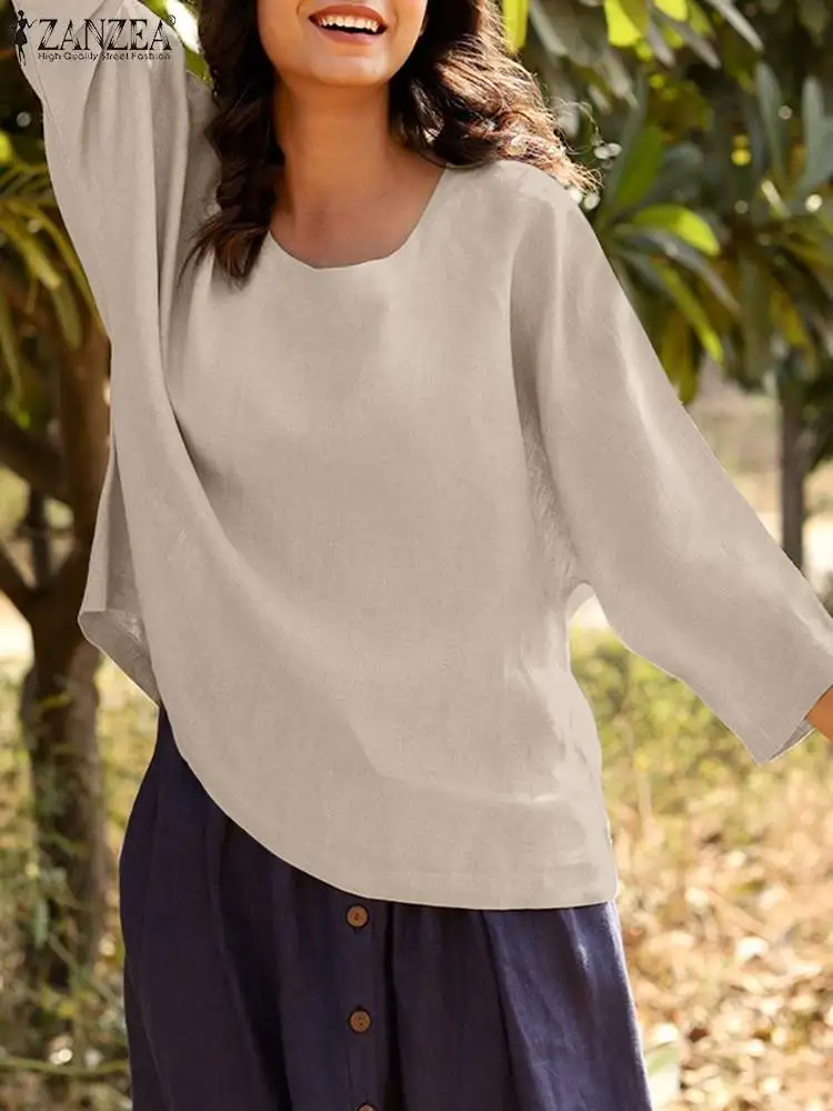 

ZANZEA Oversize Autumn Women Tops Fashion 3/4 Sleeve Basic Blouse Summer Casual Loose Blusas Chemise Mujer Solid Cotton Shirt