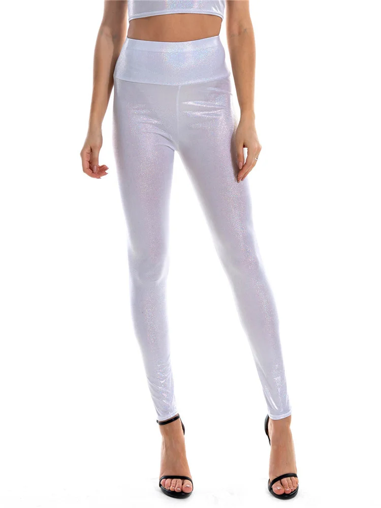 YRRETY Women's Metallic Shiny Leather Yoga Workout Pants Elastic Waist Sexy Sports Clothing Fitness Leggings Gym Sportswear Hot