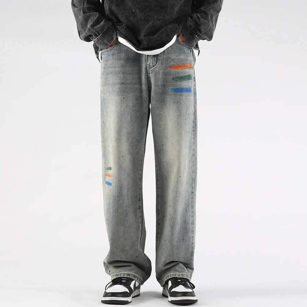 's Straight Spring Jeans Pants Male Graffiti Speckle Wide Denim Jeans