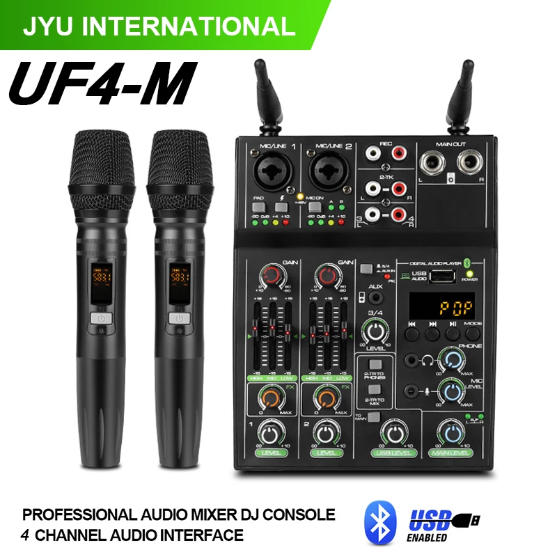 

JYU UF4-M Mesa De Som 4 Channel Audio Mixer Console with Wireless Microphone Mini DJ Bluetooth Mixer with 48V Phantom Power