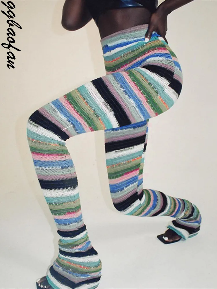 

Ggbaofan Sexy Fashion Colorful Striped Knitted Stacked Pants Streetwear Women Hippie Clothes Extra Long Trousers Fall 2022