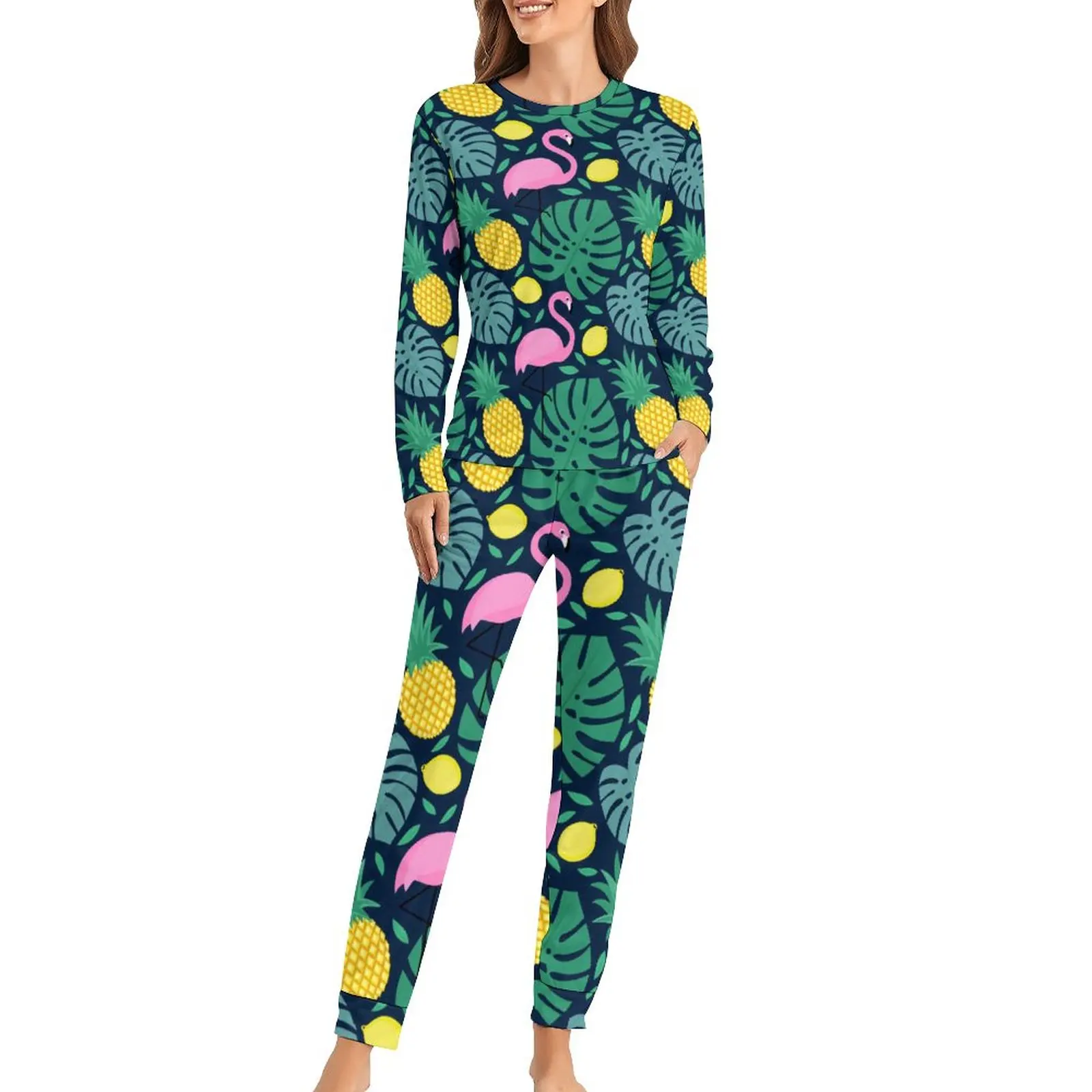 

Funny Palm Leaves Pajamas Female Pineapple Flamingo Lemon Print Cute Nightwear Long-Sleeve Casual Oversized Print Pajama Sets