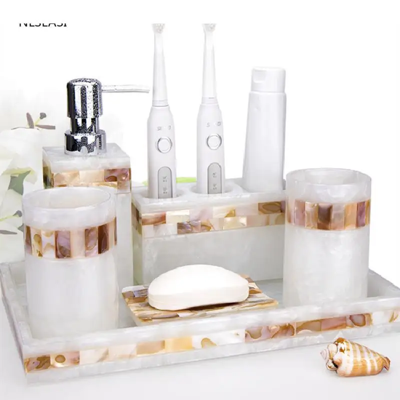 

Household Bathroom Accessories Set Shell Pattern Resin Tools Soap Dish Toothbrush Holders Soap Dispenser Box Pump Bottle Tray