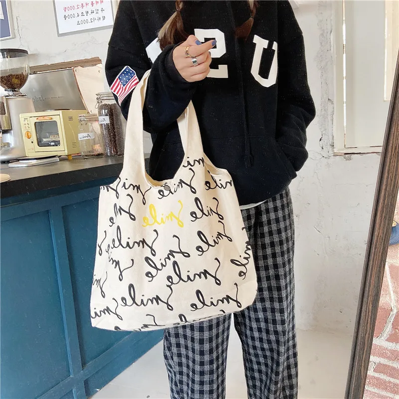 

Ladies One-Shoulder Hand-Held Canvas Bag Printed Female Student Literature Casual Tote Bag Large-Capacity Portable Foldable