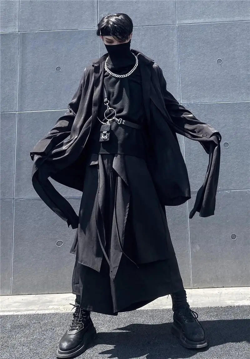 HOUZHOU Techwear Black Men's Windbreaker Men Gothic Cardigan Long Coat Men Harajuku Hip Hop Blouses Shirts Goth Mens Clothing