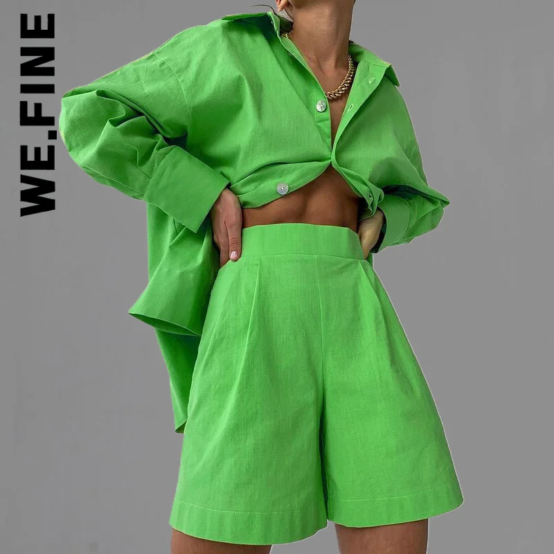 

We.Fine Casual Women Short Set Tracksuit Women Outfits Long Shirt And High Waist Shorts Green Two Piece Outfits