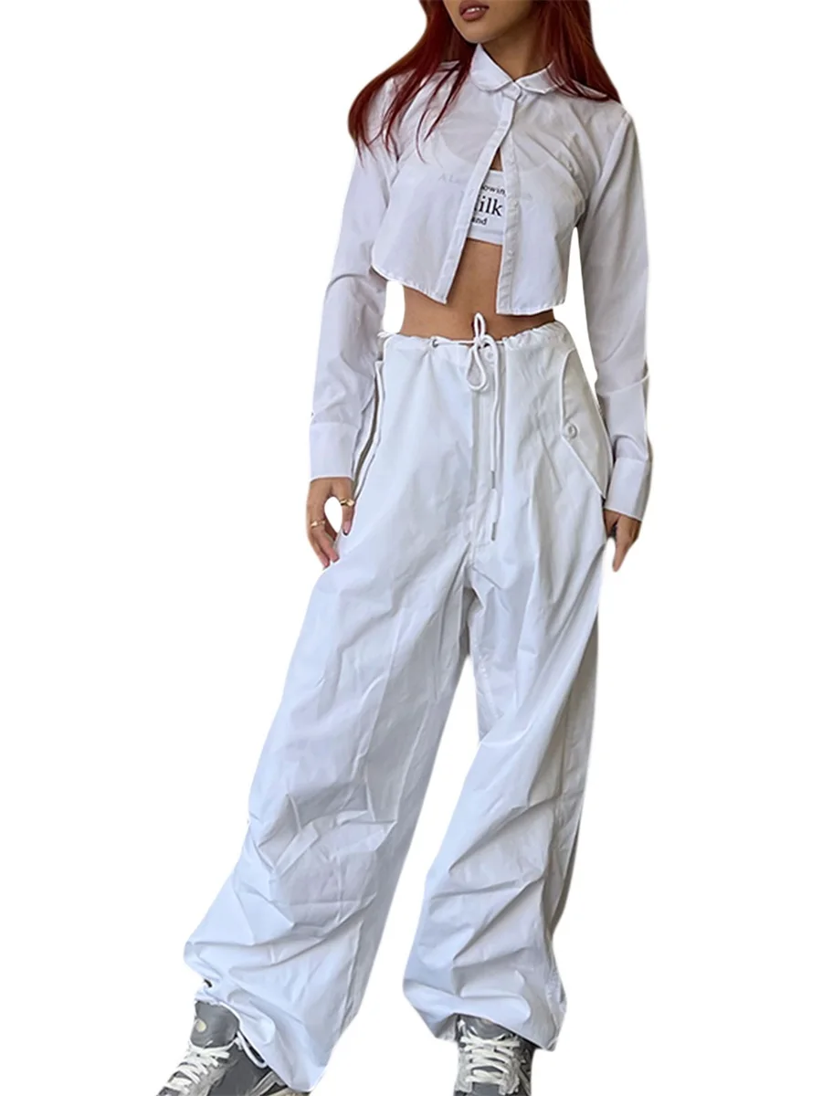 

Women Casual Baggy Cargo Pants Indie Aesthetic Drawstring Loose Pocket Jogger Hippie Punk Trousers Y2k Trendy Streetwear