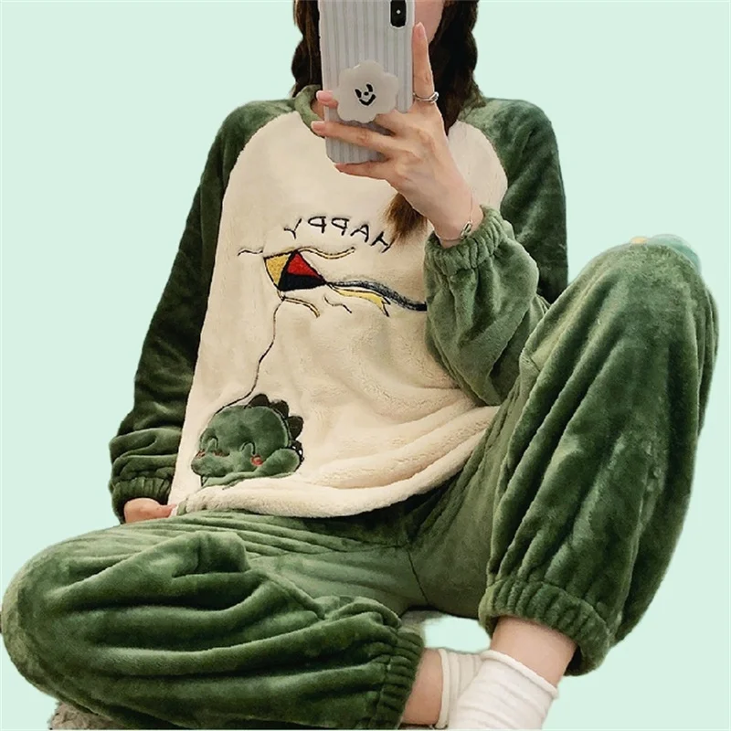Women's Pajamas Set Plush Warm Pyjamas Funny Cartoon Print Homewear Full-Sleeve Long Pants 2Piece/Set Cozy Sleepwear