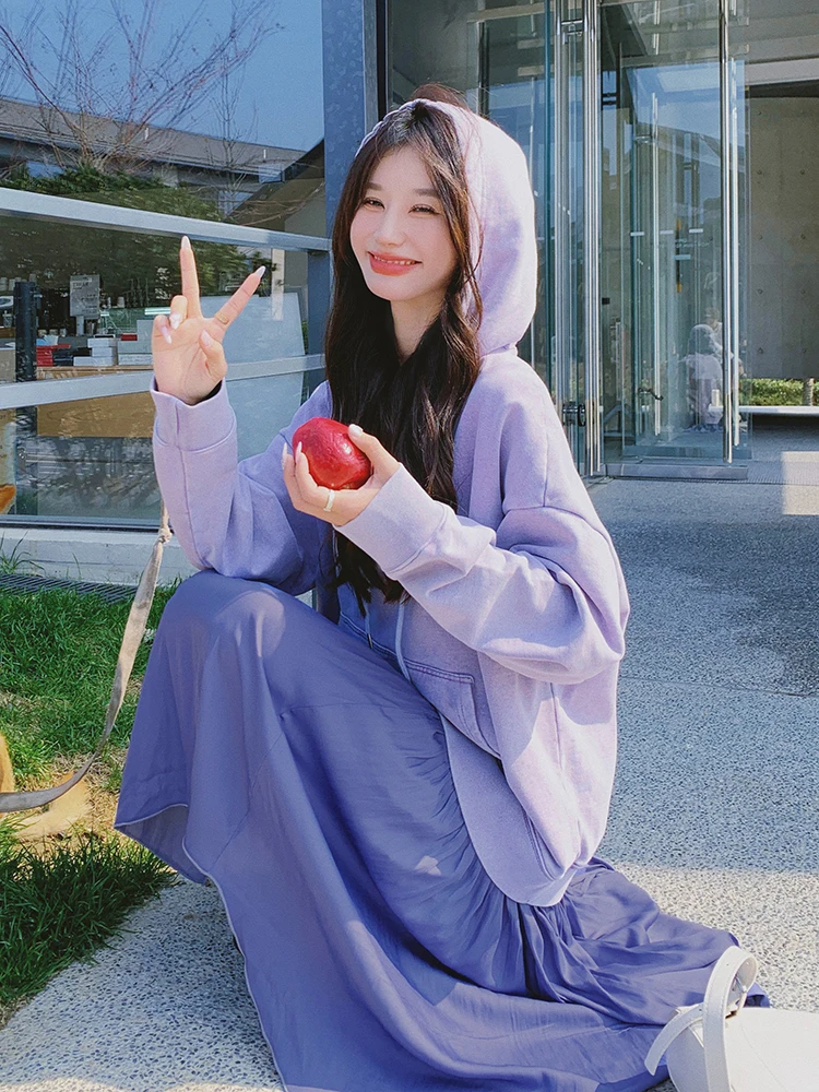 Absolutely Purple Fake Two Pieces Hoodie Dress Women Spring and Autumn 2024 New Korean Series Preppy Age-Reducing First Love ...