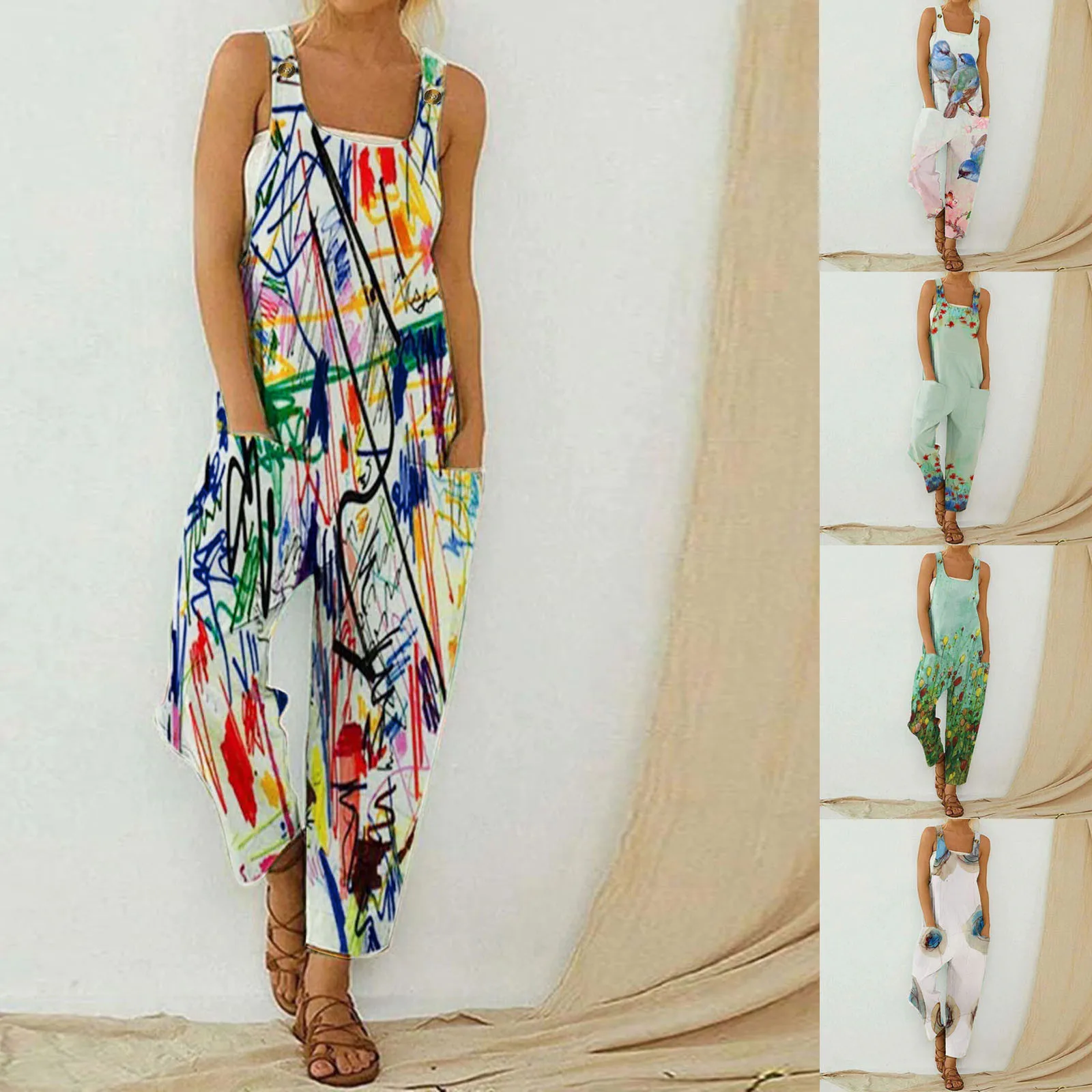 

Women Fashion Print Pocket Romper Long Playsuit Spaghetti Strap Loose Wide Sleeve Jumpsuit Dressy Maternity Romper
