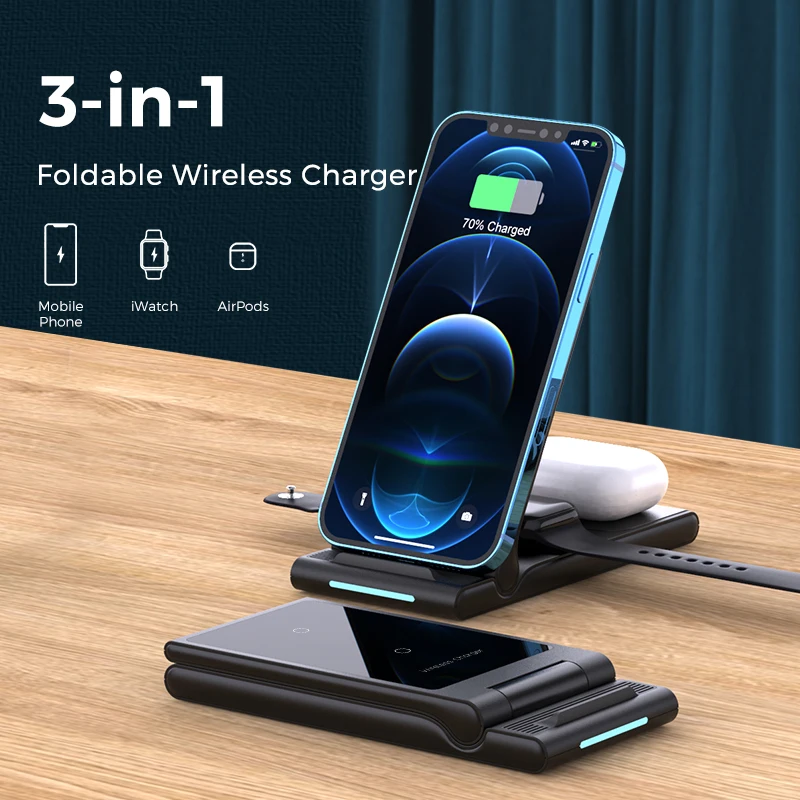 

Складная Беспроводная зарядная док-станция 30 Вт, для 13, 12, 11, XR, 8, Apple Watch 7, 6, SE, Samsung S20