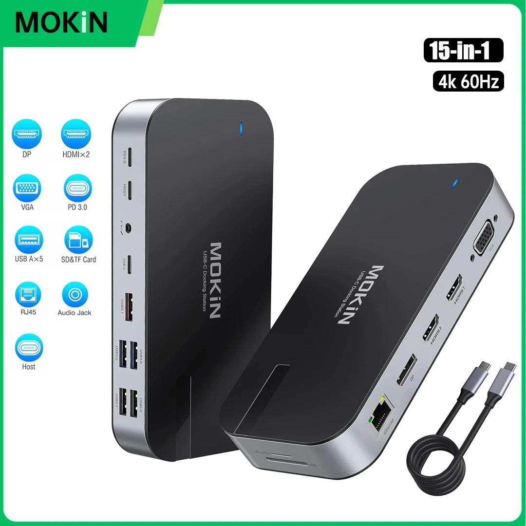 

MOKiN 15-in-1 USB C Docking Station 4K Dual HDMI Display Port VGA RJ45 DP USB3.1 10Gbps PD Audio For Mac iPad Thunderbolt Laptop