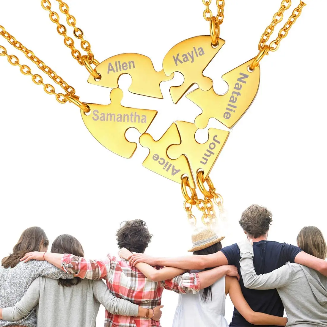Family and Friend Names Carved Heart Shaped Puzzle Stainless Steel Neck Pendant Wedding Customizable Necklace Name
