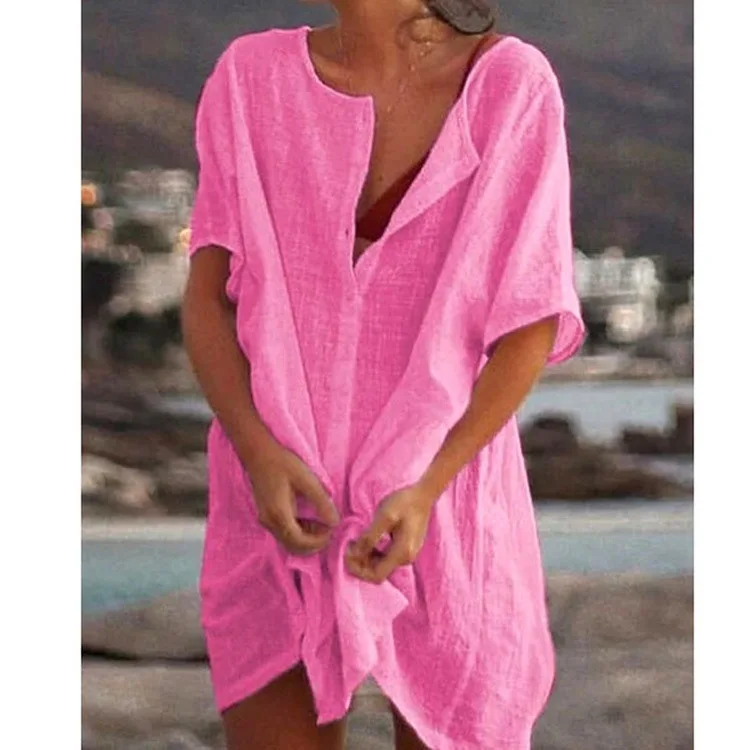 

2023 Hot Sexy Beach Swimsuit Cover-Ups Women Cotton Cover Up Swimwear Casual Short Sleeve Long Blouse Solid Color Beach Dress