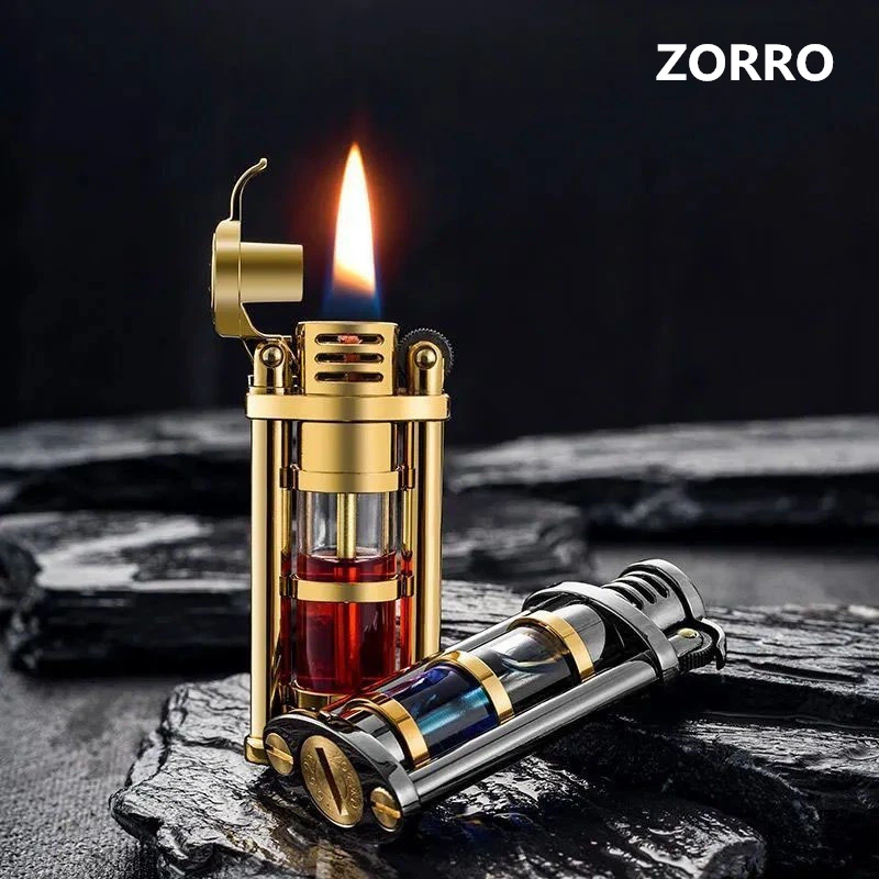 

ZORRO Transparent Fuel Tank Brass Kerosene Lighter Metal Windproof Creative Retro Flint Cigarette Lighter Smoking Accessories