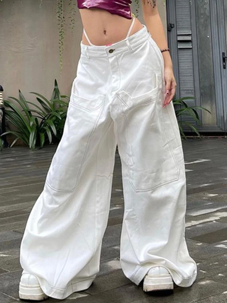 

Уличная одежда YIKUO в стиле хип-хоп, широкие штаны с заниженной талией, в стиле пэчворк, с большими карманами, белые свободные штаны для сидень...