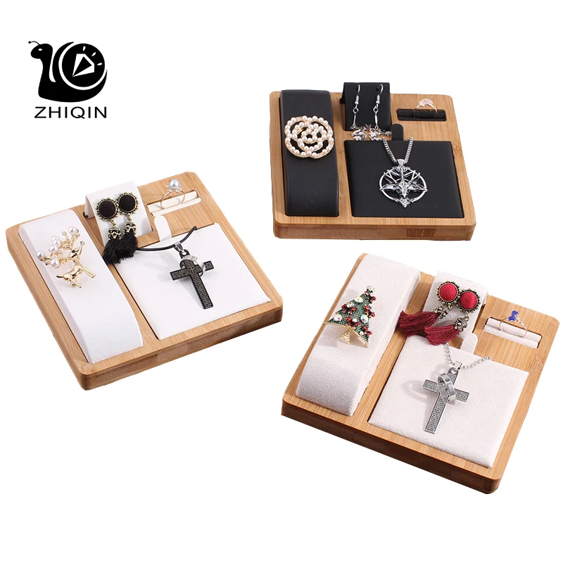 Multi-Function Bamboo Jewelry Display Stand Necklace Ring Earring Bracelet Pendants Display Tray Holder Organizer Showcase