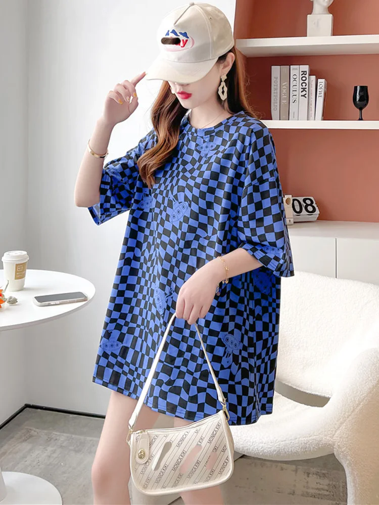 

Женская футболка в клетку, с круглым вырезом и коротким рукавом