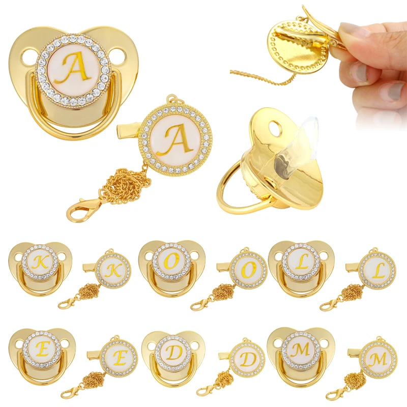 

Name Initial Letter Baby Pacifier Clip Gold Bling Pacifiers Chain Holder BPA Free Silicone Soother Nipple Dummy Baby Shower Gift