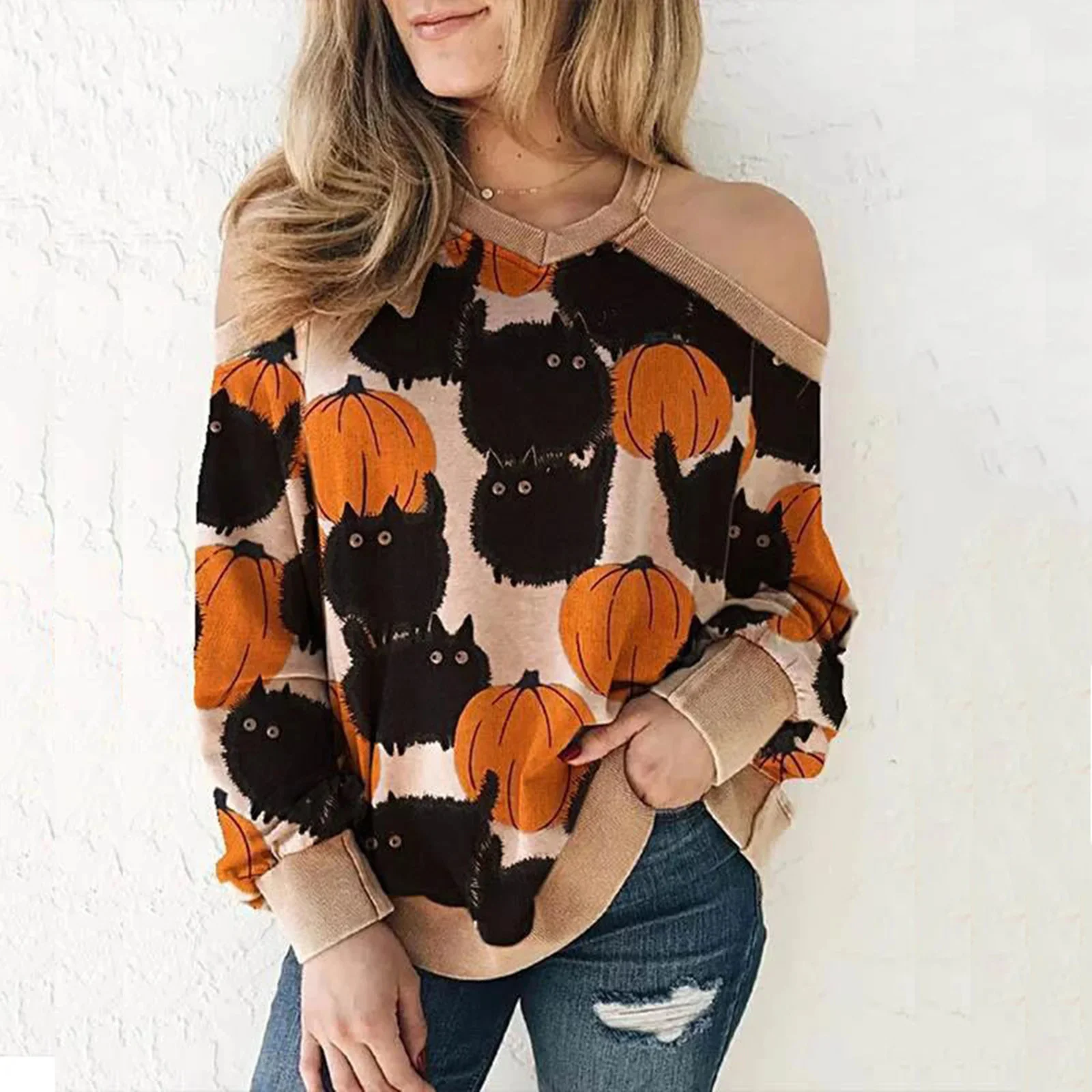 

Off Shoulder Halloween Sweater Women Cartoon Pullovers Female Black Cat Pumpkin Knitwear Ladies 2021 Knitted Jumpers Свитер