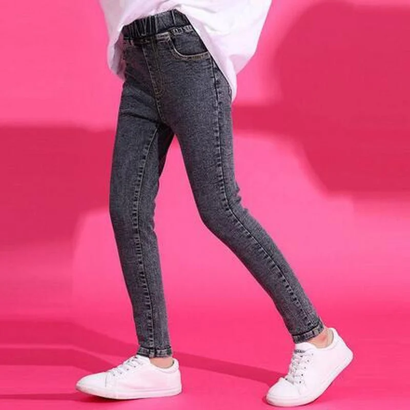 Джинсы для девочек-подростков узкие эластичные брюки из денима повседневные